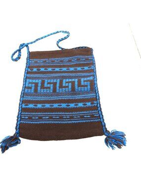 Vintage Hand Woven Greek Shoulder Bag Brown Blue Wool Folk Art Made in Greece